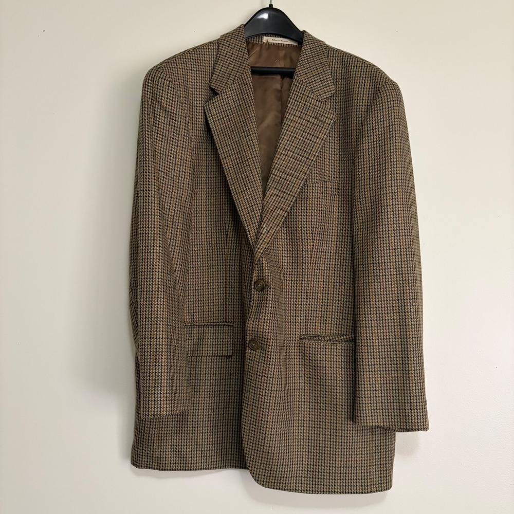 Chaps Ralph Lauren Silk Wool Houndstooth Blazer Brown 42R Made in Canada